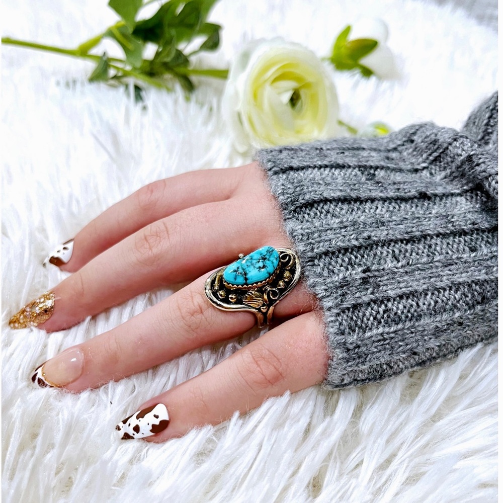 Genuine Vintage Navajo Turquoise Ring Signed 12K GF Sterling TAWA by KT Sz 6.5